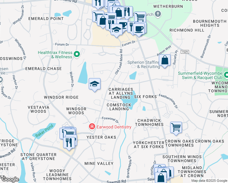 map of restaurants, bars, coffee shops, grocery stores, and more near 8030 Lloyd Allyns Way in Raleigh