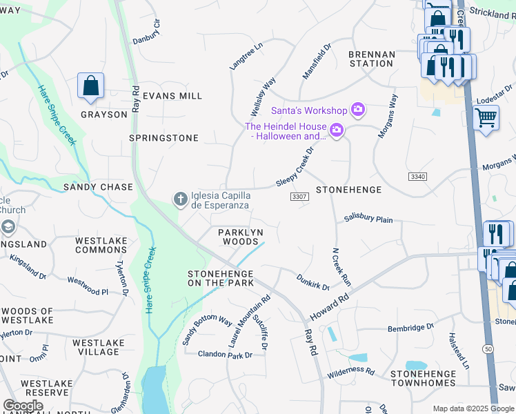 map of restaurants, bars, coffee shops, grocery stores, and more near 8304 Knebworth Court in Raleigh