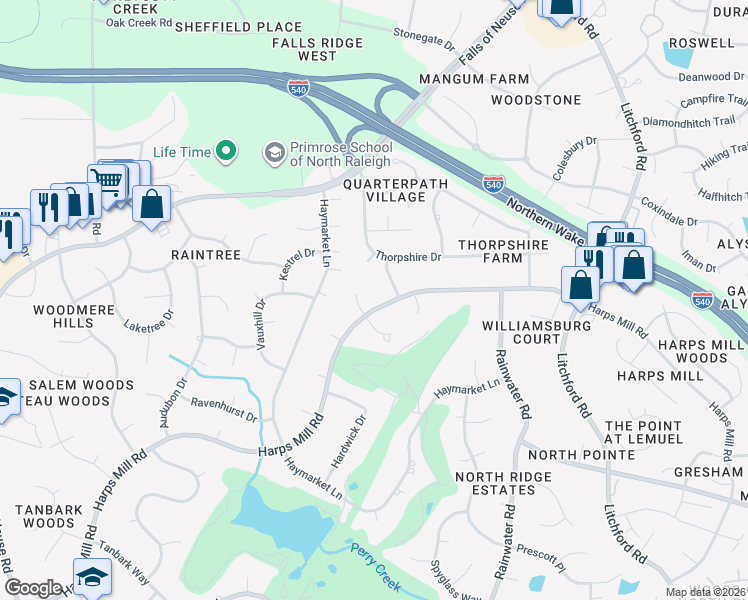 map of restaurants, bars, coffee shops, grocery stores, and more near 8005 Harps Mill Road in Raleigh