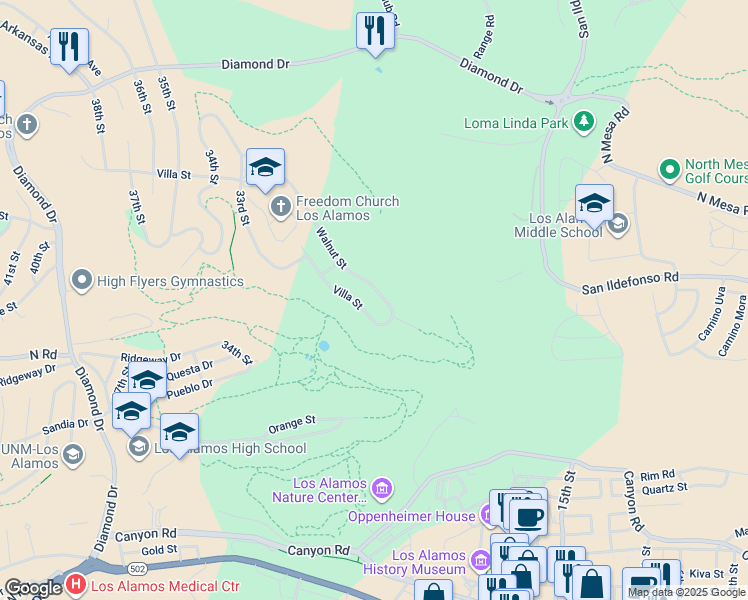 map of restaurants, bars, coffee shops, grocery stores, and more near 2805 Walnut Street in Los Alamos