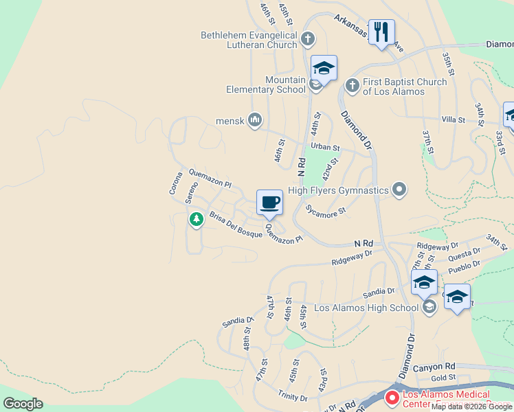 map of restaurants, bars, coffee shops, grocery stores, and more near 4765 Quemazon Place in Los Alamos