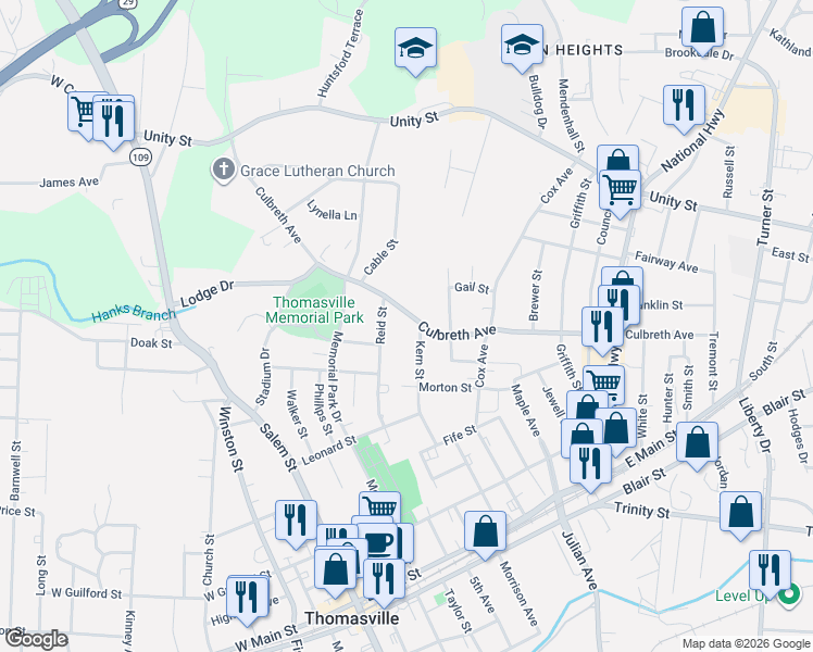 map of restaurants, bars, coffee shops, grocery stores, and more near 507 Reid Street in Thomasville