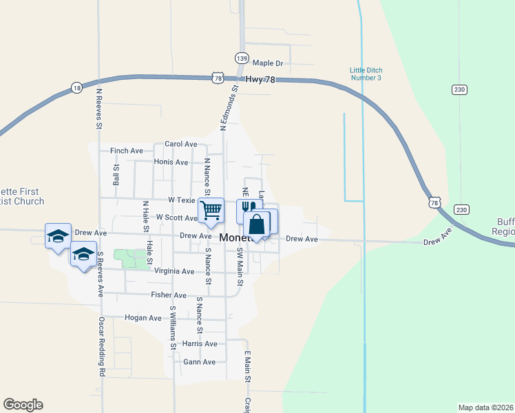 map of restaurants, bars, coffee shops, grocery stores, and more near 107 West Texie Avenue in Monette