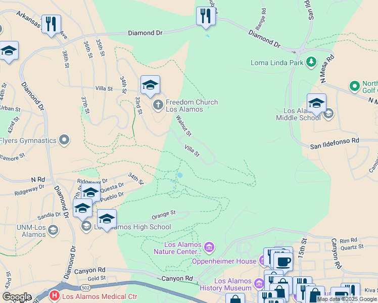 map of restaurants, bars, coffee shops, grocery stores, and more near 3089 Villa Street in Los Alamos