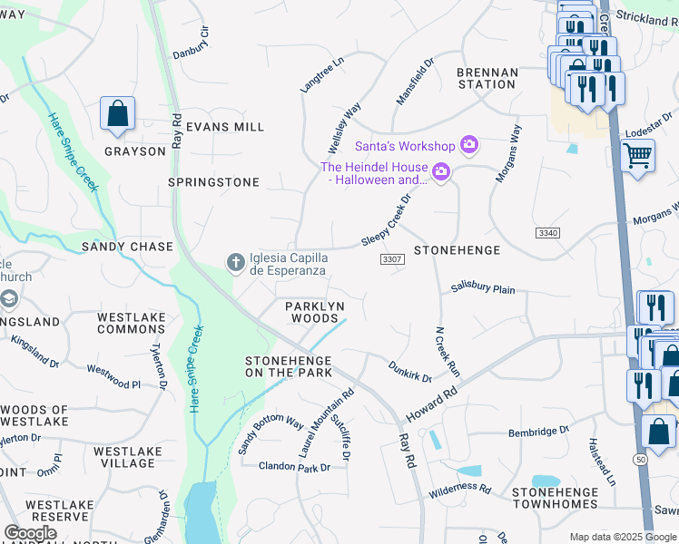 map of restaurants, bars, coffee shops, grocery stores, and more near 8304 Knebworth Court in Raleigh
