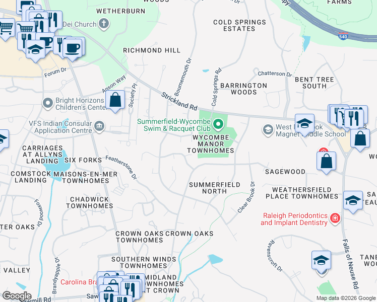 map of restaurants, bars, coffee shops, grocery stores, and more near 8208 Pepperidge Court in Raleigh