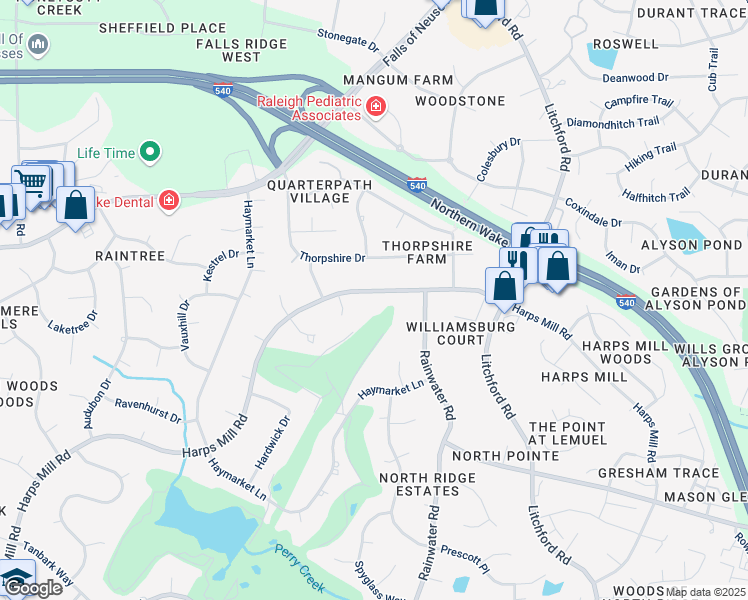map of restaurants, bars, coffee shops, grocery stores, and more near 8112 Harps Mill Road in Raleigh