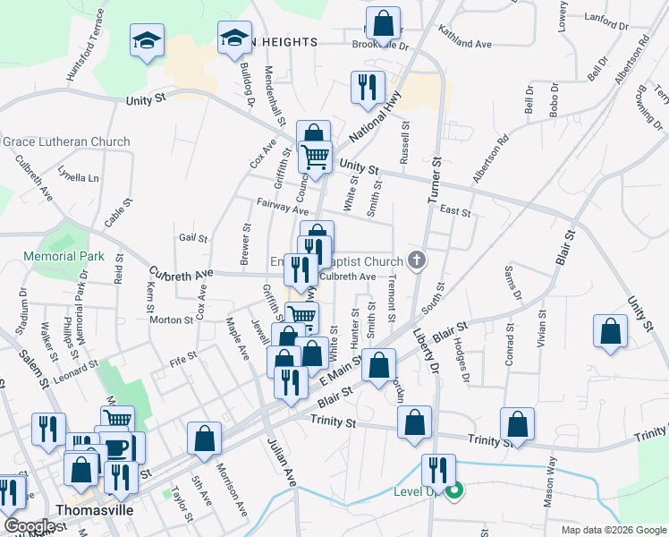 map of restaurants, bars, coffee shops, grocery stores, and more near 902 Culbreth Avenue in Thomasville