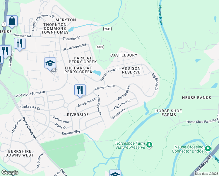 map of restaurants, bars, coffee shops, grocery stores, and more near 5900 Clarks Fork Drive in Raleigh