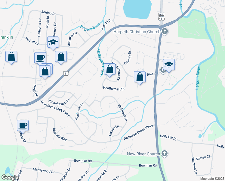 map of restaurants, bars, coffee shops, grocery stores, and more near 163 Heathersett Drive in Franklin