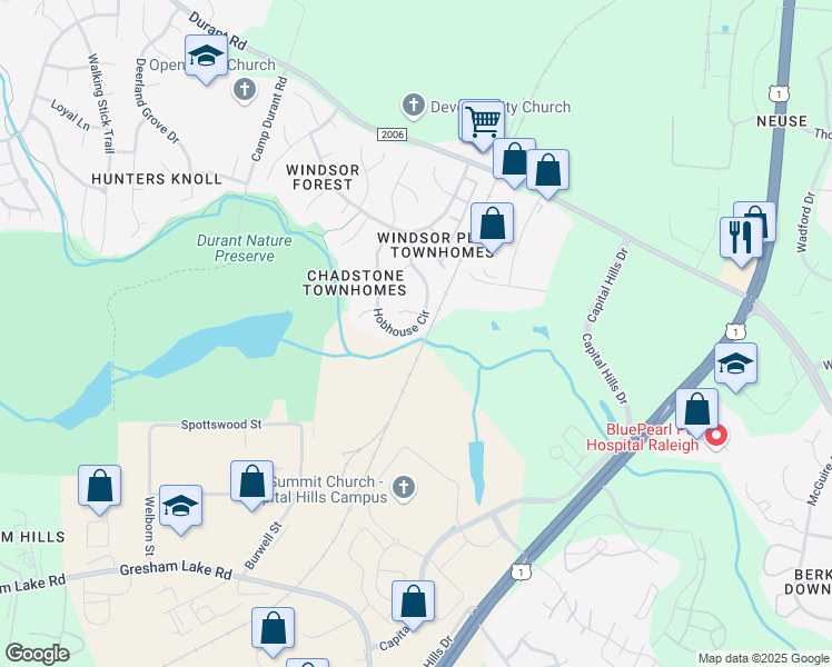 map of restaurants, bars, coffee shops, grocery stores, and more near 8409 Hobhouse Circle in Raleigh