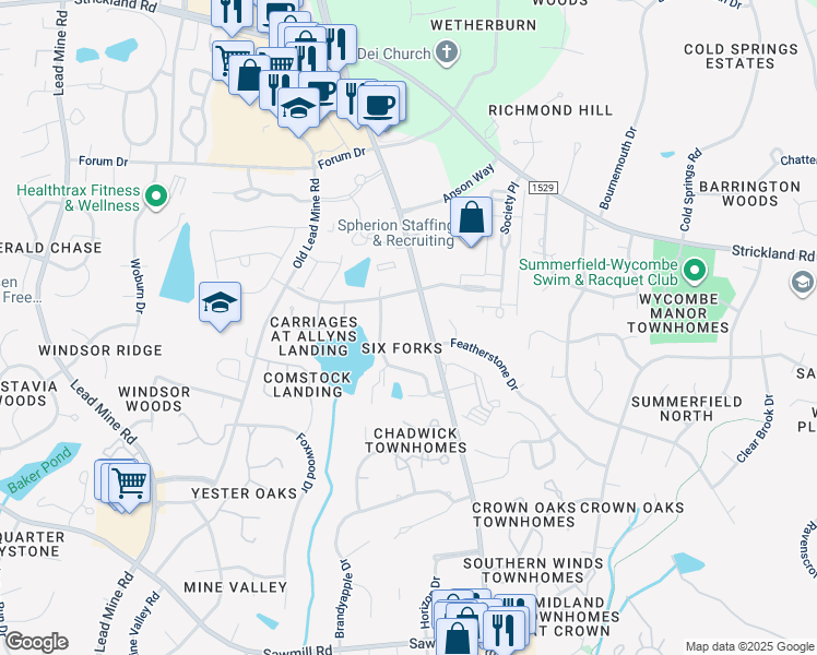 map of restaurants, bars, coffee shops, grocery stores, and more near 8307 Six Forks Road in Raleigh