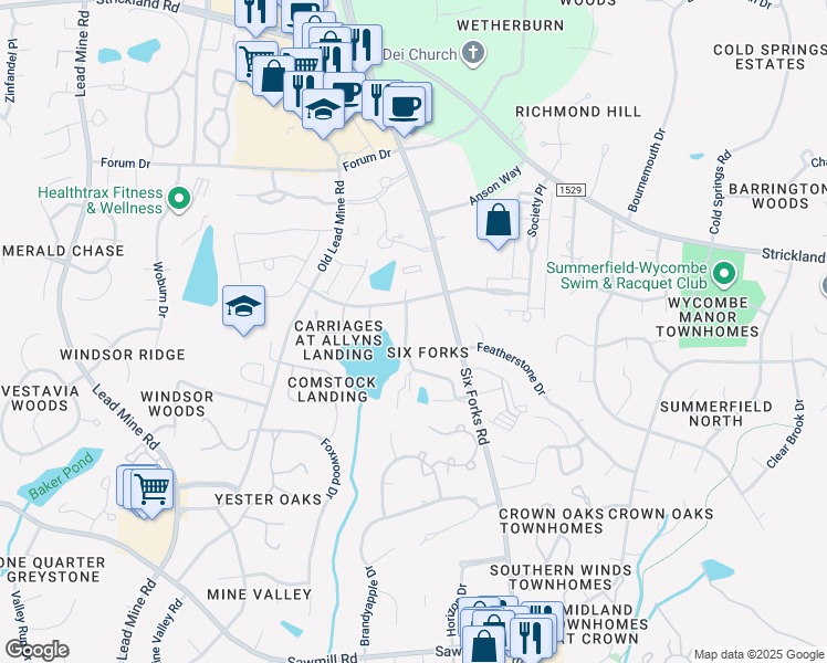map of restaurants, bars, coffee shops, grocery stores, and more near 225 Waterford Park Lane in Raleigh