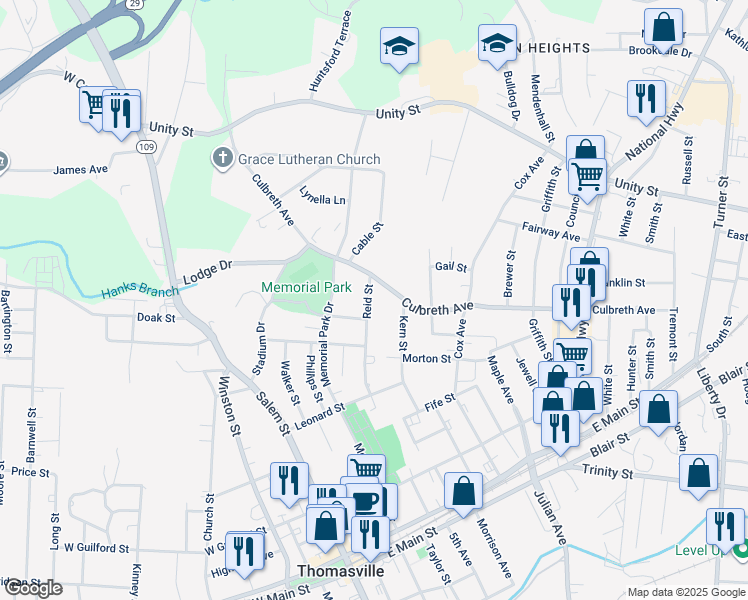 map of restaurants, bars, coffee shops, grocery stores, and more near 507 Reid Street in Thomasville