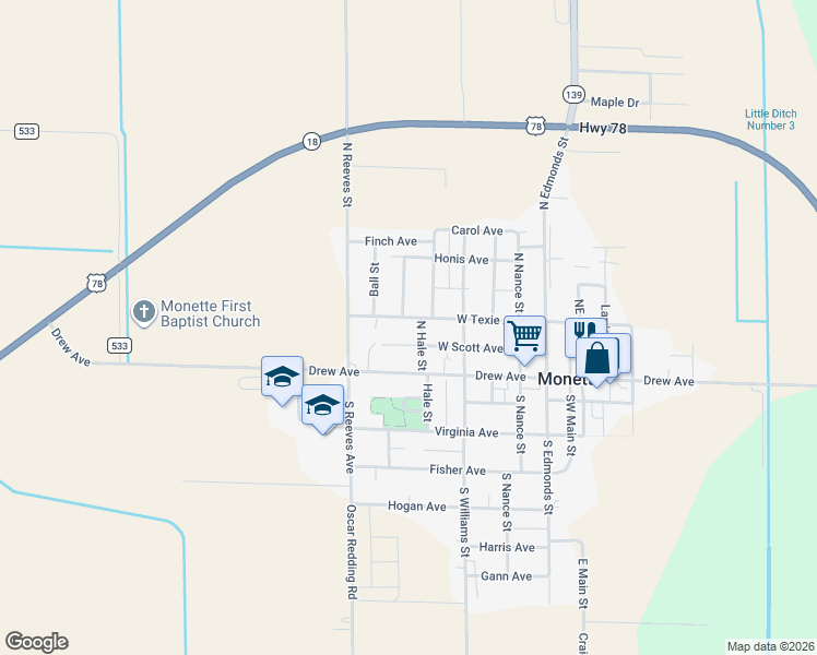 map of restaurants, bars, coffee shops, grocery stores, and more near 607 West Texie Avenue in Monette