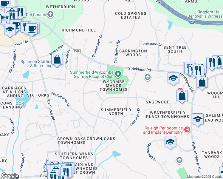 map of restaurants, bars, coffee shops, grocery stores, and more near 8305 Wycombe Lane in Raleigh
