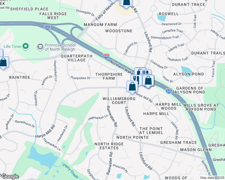 map of restaurants, bars, coffee shops, grocery stores, and more near 8304 Harps Mill Road in Raleigh