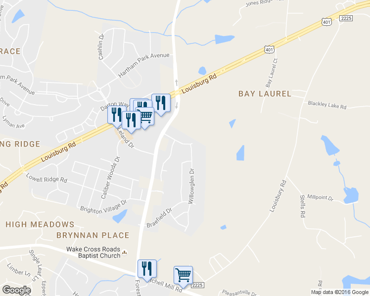 map of restaurants, bars, coffee shops, grocery stores, and more near 8225 Willowglen Drive in Raleigh