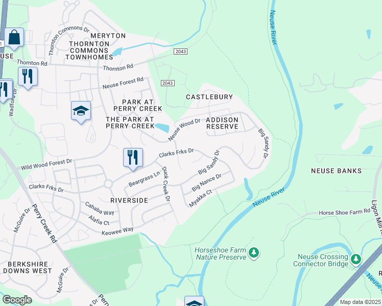 map of restaurants, bars, coffee shops, grocery stores, and more near 5900 Clarks Fork Drive in Raleigh