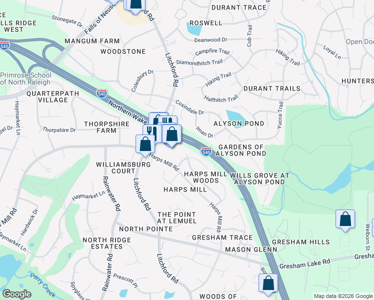 map of restaurants, bars, coffee shops, grocery stores, and more near 8500 Paddle Wheel Drive in Raleigh
