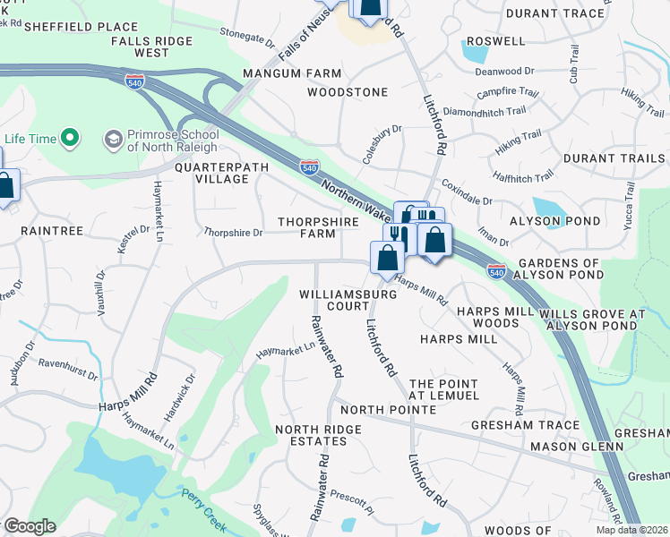 map of restaurants, bars, coffee shops, grocery stores, and more near 8304 Harps Mill Road in Raleigh