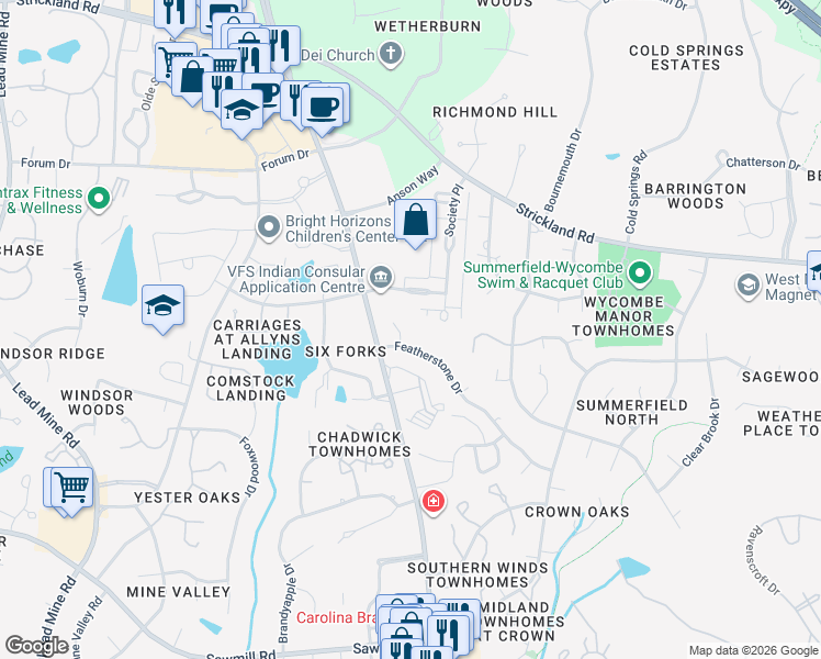 map of restaurants, bars, coffee shops, grocery stores, and more near 7928 Featherstone Drive in Raleigh