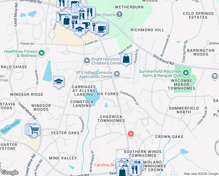 map of restaurants, bars, coffee shops, grocery stores, and more near 8307 Six Forks Road in Raleigh