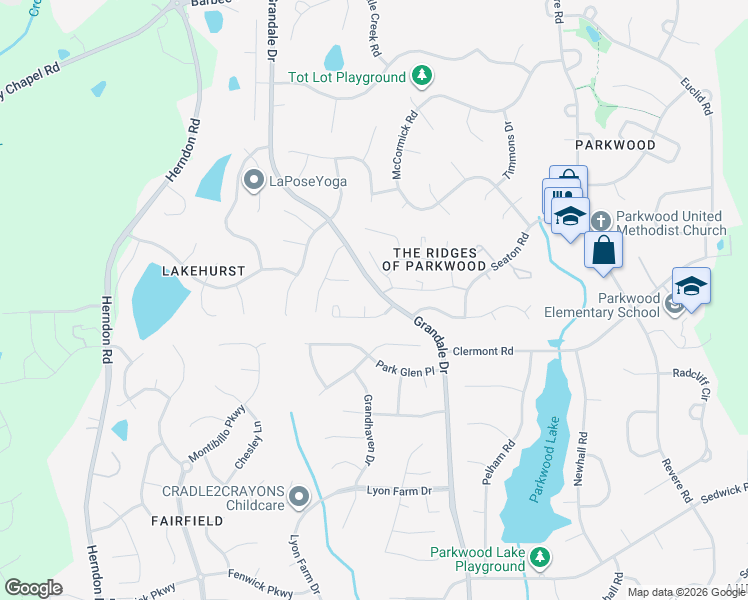 map of restaurants, bars, coffee shops, grocery stores, and more near 4 Huckleberry Court in Durham