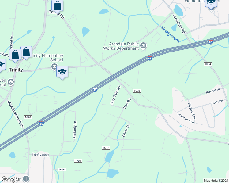 map of restaurants, bars, coffee shops, grocery stores, and more near 5363 Grey Oaks Road in Trinity