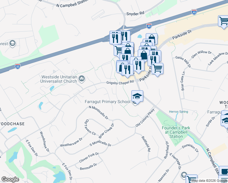 map of restaurants, bars, coffee shops, grocery stores, and more near 462 Chapel Grove Lane in Knoxville