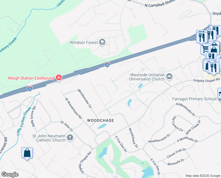 map of restaurants, bars, coffee shops, grocery stores, and more near 928 Blackstone Drive in Knoxville