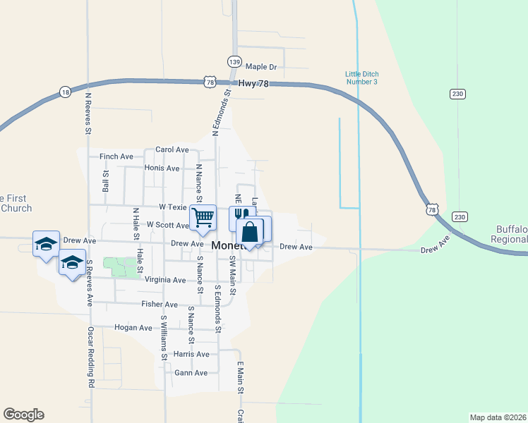 map of restaurants, bars, coffee shops, grocery stores, and more near 106 North Caruthers Street in Monette