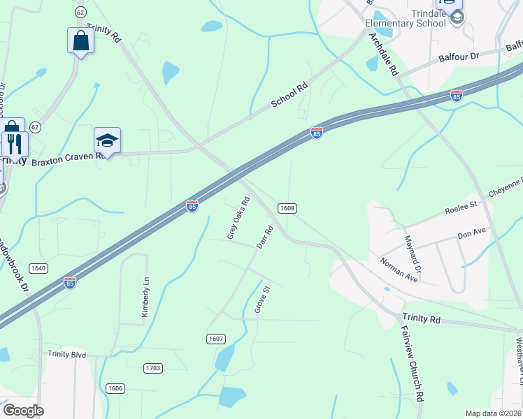 map of restaurants, bars, coffee shops, grocery stores, and more near 12435 Trinity Road in Trinity
