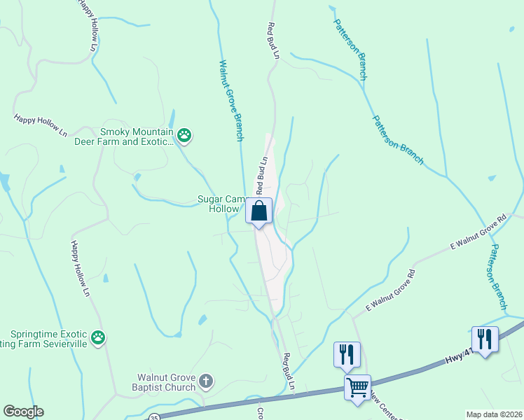 map of restaurants, bars, coffee shops, grocery stores, and more near 306 Red Bud Ln in Sevierville