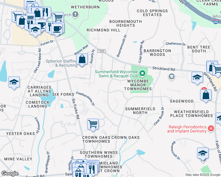 map of restaurants, bars, coffee shops, grocery stores, and more near 8404 Old Deer Trail in Raleigh