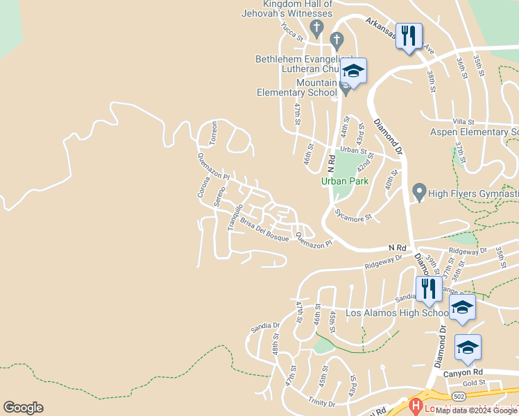 map of restaurants, bars, coffee shops, grocery stores, and more near 4930 North Sol in Los Alamos