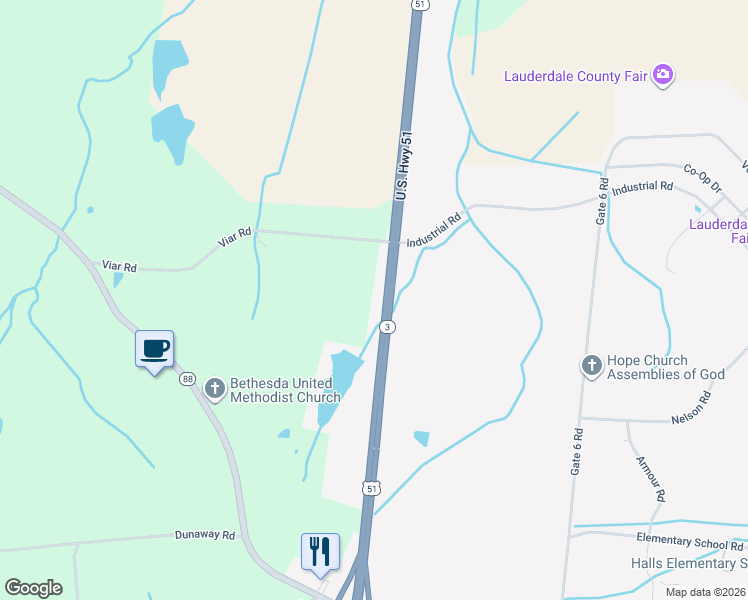 map of restaurants, bars, coffee shops, grocery stores, and more near 12125 Tennessee 3 in Halls