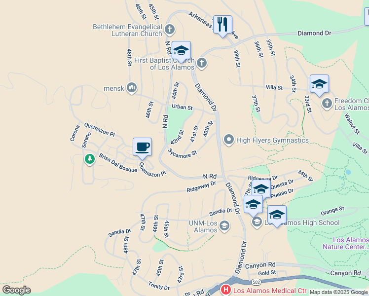 map of restaurants, bars, coffee shops, grocery stores, and more near 1919 41st Street in Los Alamos