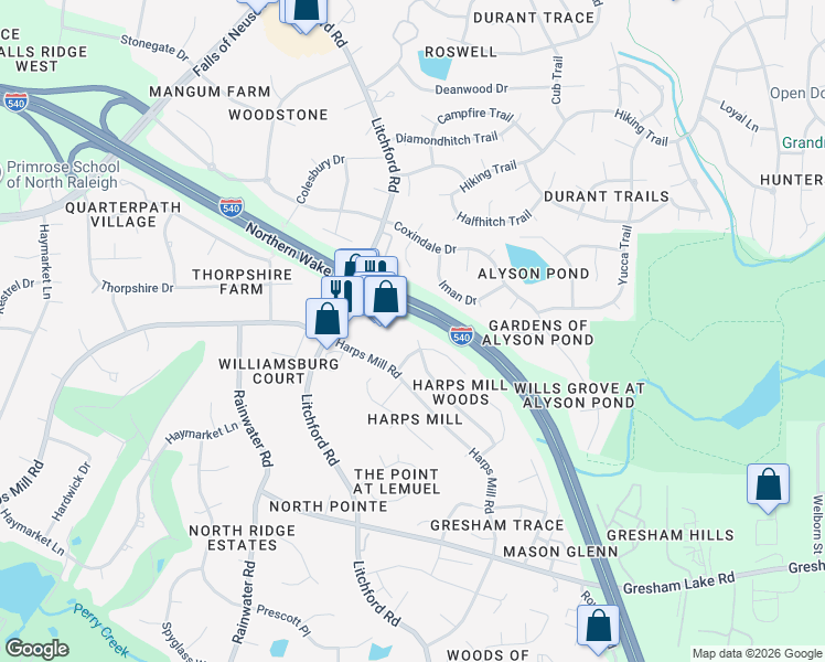 map of restaurants, bars, coffee shops, grocery stores, and more near 8500 Paddle Wheel Dr in Raleigh