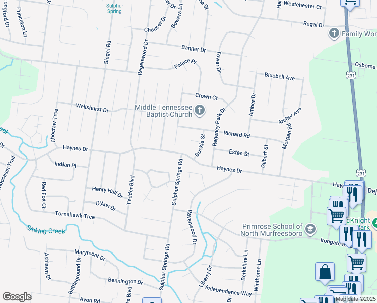 map of restaurants, bars, coffee shops, grocery stores, and more near 720 Haynes Drive in Murfreesboro