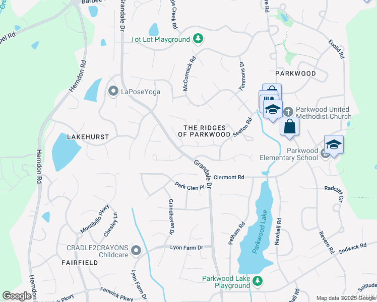 map of restaurants, bars, coffee shops, grocery stores, and more near 5135 Grandale Drive in Durham