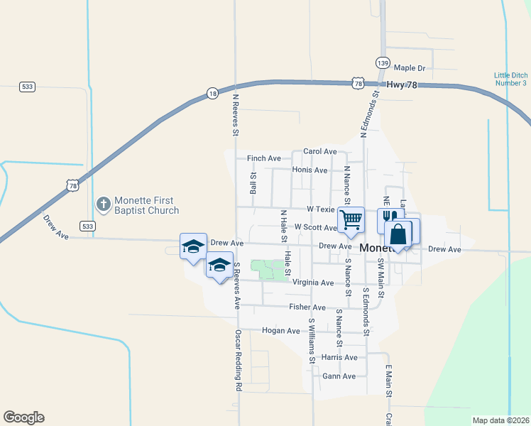 map of restaurants, bars, coffee shops, grocery stores, and more near 607 West Texie Avenue in Monette