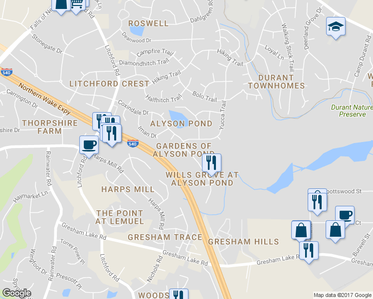 map of restaurants, bars, coffee shops, grocery stores, and more near 2906 Coxindale Drive in Raleigh