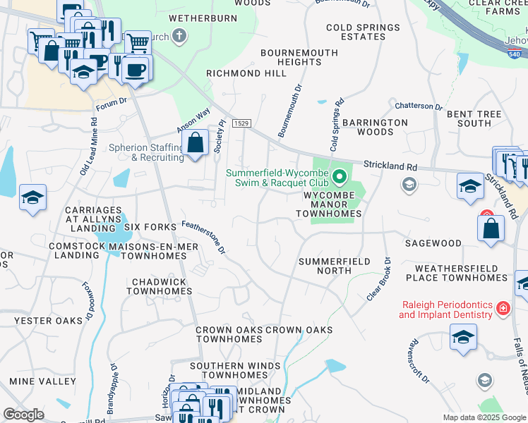 map of restaurants, bars, coffee shops, grocery stores, and more near 8404 Old Deer Trail in Raleigh