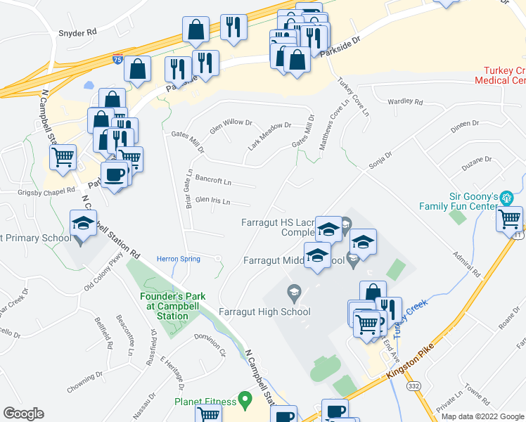map of restaurants, bars, coffee shops, grocery stores, and more near 313 Woodland Trace Drive in Knoxville