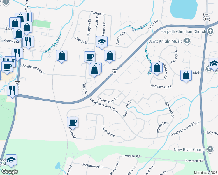 map of restaurants, bars, coffee shops, grocery stores, and more near 226 Stonehaven Circle in Franklin
