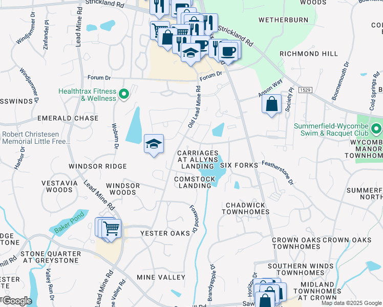 map of restaurants, bars, coffee shops, grocery stores, and more near 8030 Lloyd Allyns Way in Raleigh