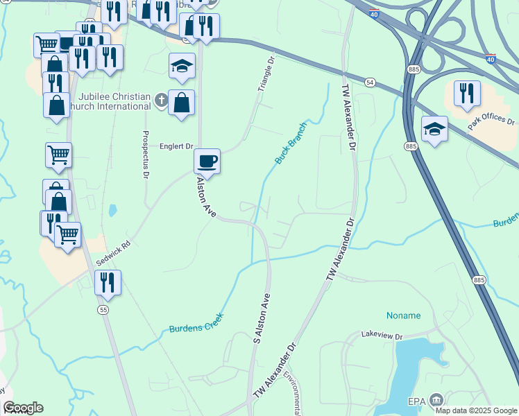 map of restaurants, bars, coffee shops, grocery stores, and more near 5011 South Alston Avenue in Durham