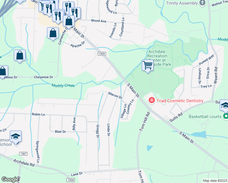 map of restaurants, bars, coffee shops, grocery stores, and more near 5001 Macon Drive in Archdale