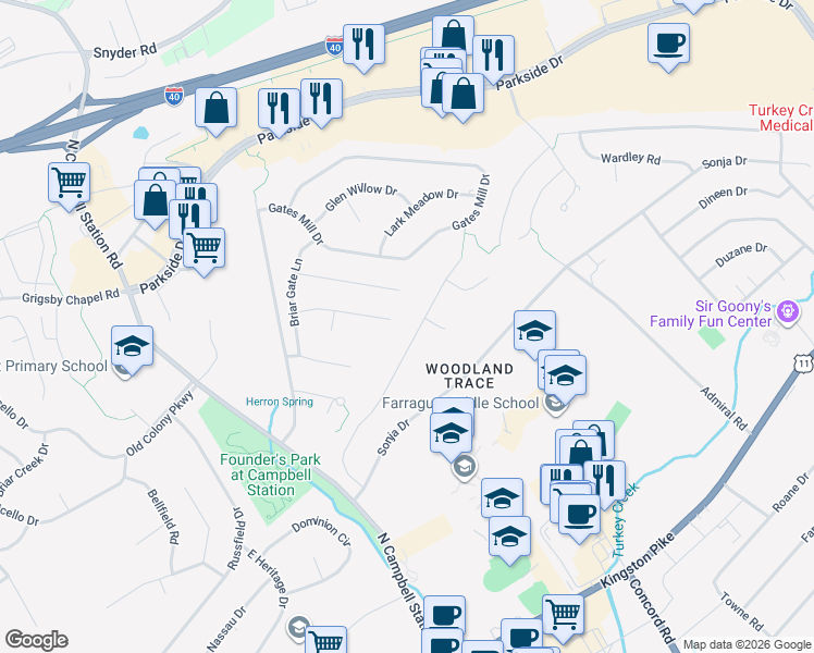 map of restaurants, bars, coffee shops, grocery stores, and more near 313 Woodland Trace Drive in Knoxville